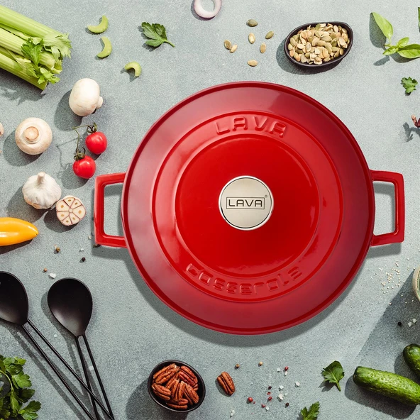 Lava Döküm Yuvarlak Tencere. Folk Çap(Ø)28cm.  Kırmızı - Resim 7