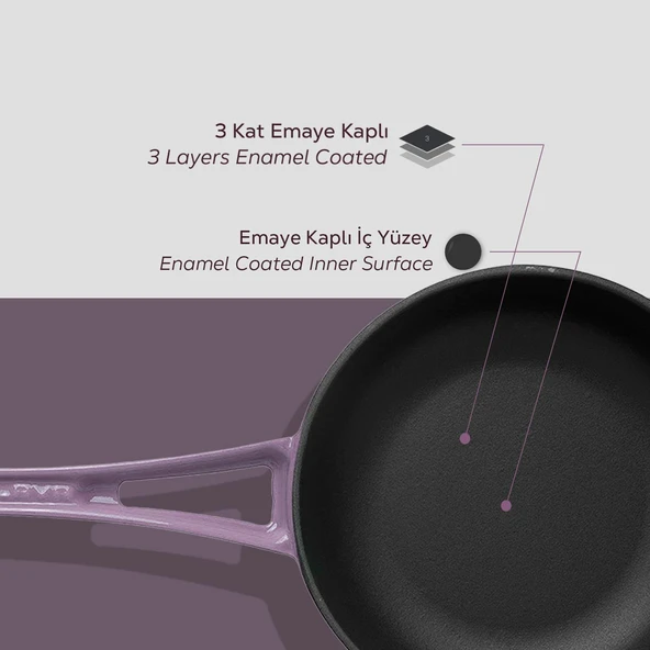 Lava Döküm Yuvarlak Kızartma Tavası Döküm Demir Yekpare Saplı Çap(Ø)24cm.  Mor - Resim 6