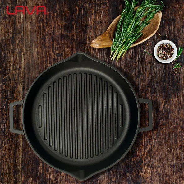 Lava Döküm Yuvarlak Izgara Tavası Döküm Demir Yekpare Çift Kulplu Konkav Taban 15mm. Çap(Ø)30cm. - 7