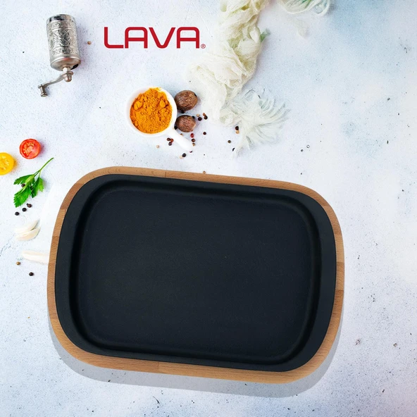 Lava Döküm Dikdörtgen Servis Tabağı ve Kayın Servis Ahşabı. Ölçü 32x20cm. - 5