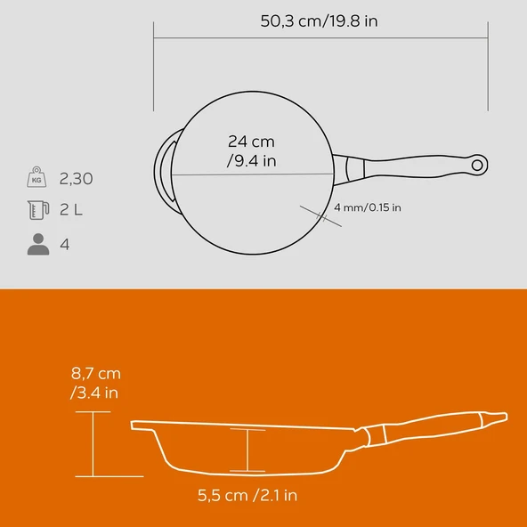 Lava Döküm Yuvarlak Kızartma Tavası Döküm Demir Sök - Tak Ahşap Sap Çap(Ø)24cm  Turuncu - Resim 5