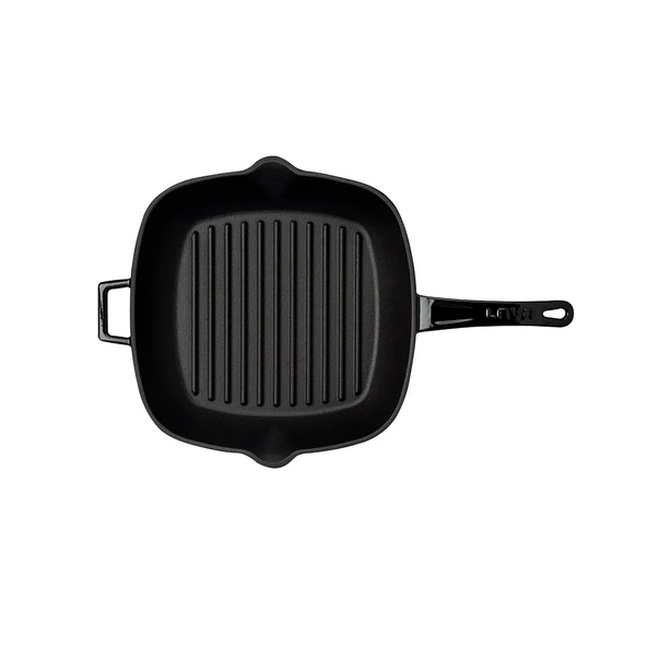 Lava Döküm Kare Izgara Tava Cam Kapaklı Döküm Demir Yekpare Saplı Ölçü 26x26cm.  Siyah - Resim 3