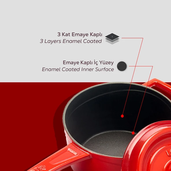 Lava Döküm Yuvarlak Sos Tenceresi. Döküm Demir Yekpare Saplı Trendy Serisi Çap(Ø16 cm.  Kırmızı - Resim 6