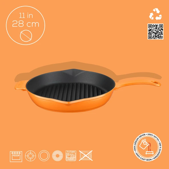 Lava Döküm Yuvarlak Izgara Tavası Döküm Demir Yekpare Saplı Spring Serisi Çap(Ø)28cm.  Turuncu - Resim 4