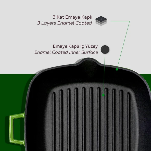 Lava Döküm Kare Izgara Tava Cam Kapaklı Döküm Demir Yekpare Saplı Ölçü 28x28cm.  Yeşil - Resim 6