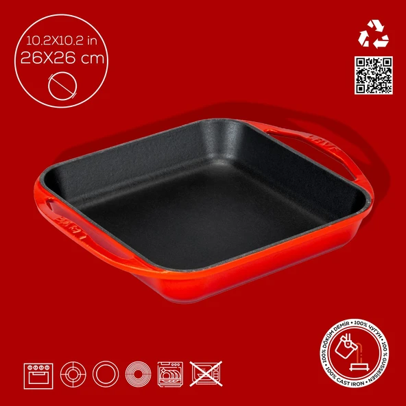 Lava Döküm Kare Kızartma Tavası Döküm Demir Yekpare Çift Kulplu Ölçü 26x26cm.  Kırmızı - Resim 4