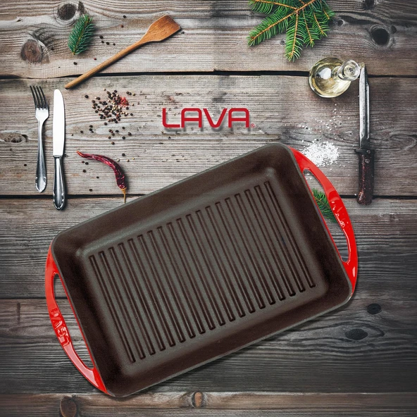 Lava Döküm Dikdörtgen Izgara Tavası Döküm Demir Yekpare Kulplu Ölçü 22x32cm.  Kırmızı - 5