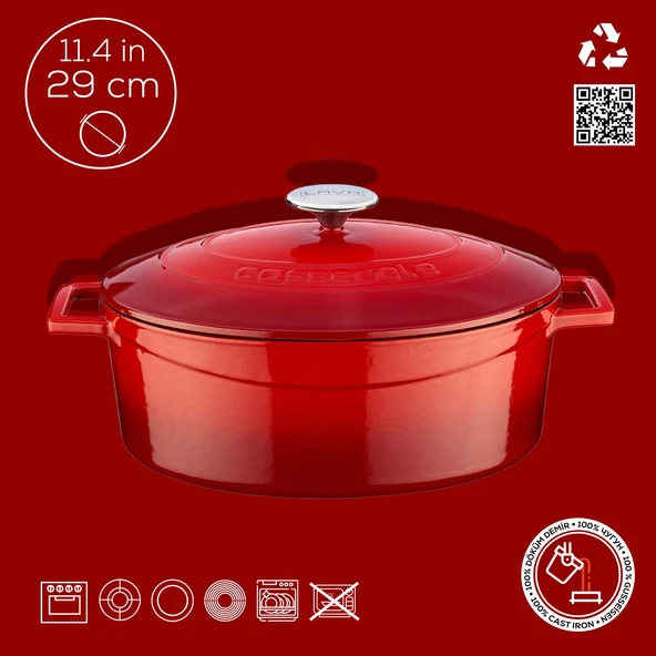 Lava Döküm Oval Tencere. Folk Serisi Ölçü 23x29cm.  Kırmızı - Resim 4