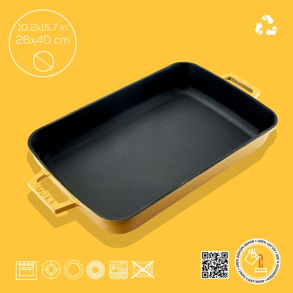 Lava Döküm Dikdörtgen Rosto ve Fırın Tepsisi Döküm Demir Yekpare Çift Kulplu Spring Serisi Ölçü 26x40cm. Sarı - 4