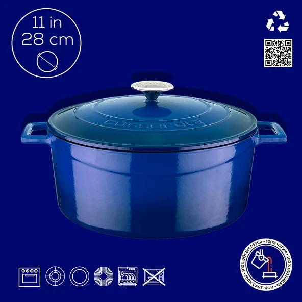 Lava Döküm Yuvarlak Tencere. Folk Çap(Ø)28cm.  Mavi - Resim 4