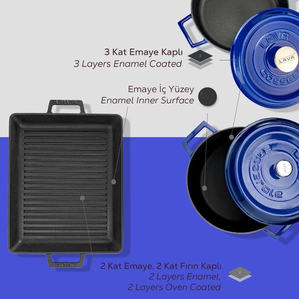 Lava Döküm 6X Trendy Serisi Döküm Demir Tencere Tava Çeyiz Seti  Mavi - Resim 7