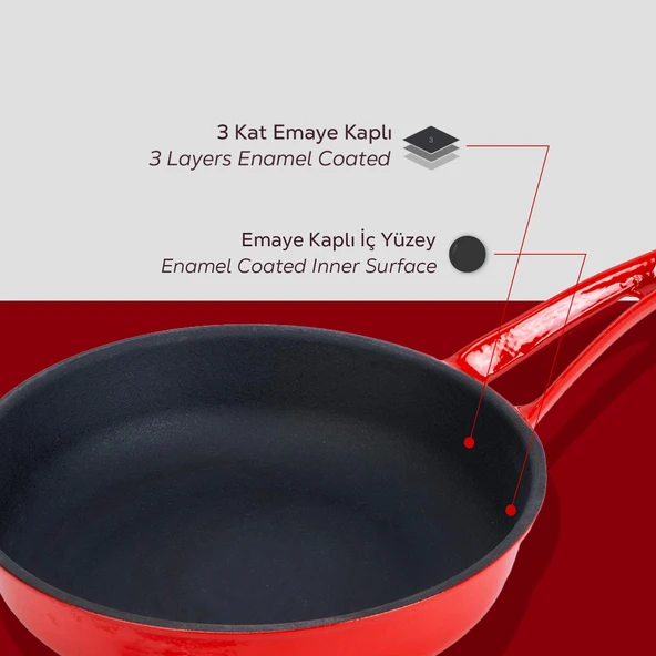 Lava Döküm Yuvarlak Kızartma Tavası Döküm Demir Yekpare Saplı Çap(Ø)24cm.  Kırmızı - 6