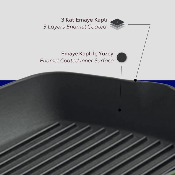 Lava Döküm Kare Izgara Tava Döküm Demir Yekpare Saplı Ölçü 26x26cm.  Mavi - Resim 6