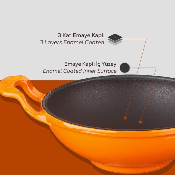 Lava Döküm Mini Wok Yekpare Kulplu Çap(Ø)16cm.  Turuncu - 5
