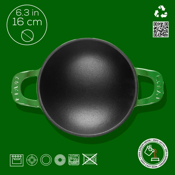 Lava Döküm Mini Wok Yekpare Kulplu Çap(Ø)16cm.  Yeşil - Resim 3