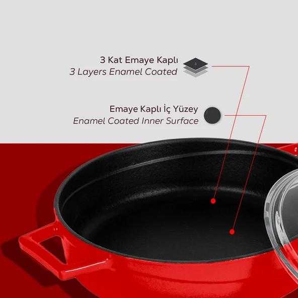 Lava Döküm Çok Amaçlı Yayvan Tencere. Glaze Serisi Çap(Ø)24cm. - Kırmızı  Kırmızı - 6