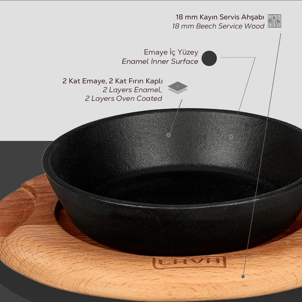 Lava Döküm Yuvarlak Kızartma Tavası Yekpare Saplı Kayın Servis Ahşabı. Çap(Ø)12cm. - Resim 6