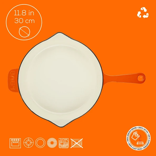 Lava Döküm Yuvarlak Kızartma Tavası Döküm Demir Yekpare Saplı Edition Serisi Çap(Ø)30cm.  Turuncu - 4