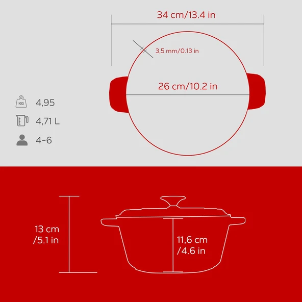 Lava Döküm Yuvarlak Tencere Döküm Demir Yekpare Kulplu. Çap(Ø)26cm. - Kırmızı - Resim 6