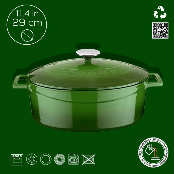 Lava Döküm Oval Tencere. Folk Serisi Ölçü 23x29cm.  Yeşil - Resim 4