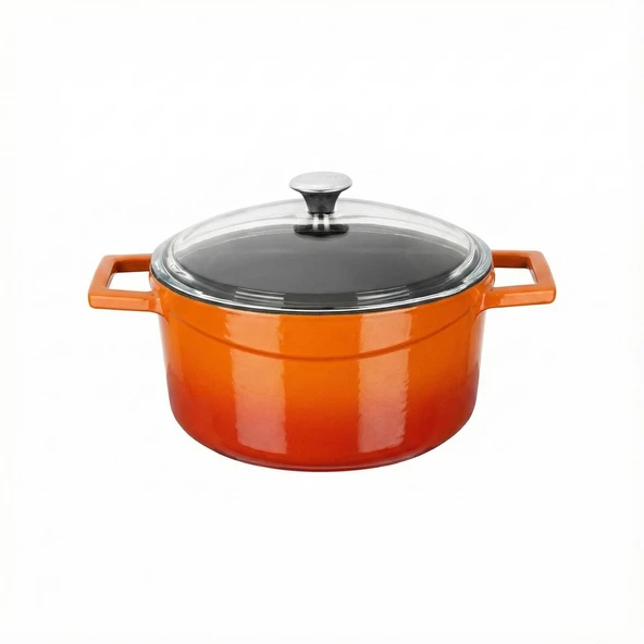 Lava Döküm Yuvarlak Tencere Cam kapaklı. Glaze Çap(Ø)20cm.  Turuncu ürün görseli 1