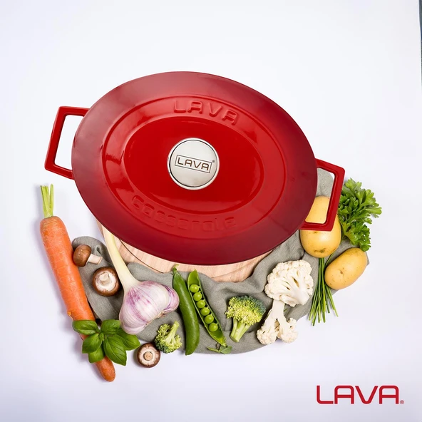 Lava Döküm Oval Tencere. Folk Serisi Ölçü 23x29cm.  Kırmızı - Resim 7