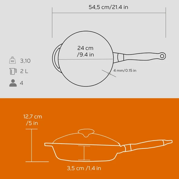 Lava Döküm Yuvarlak Kızartma Tavası Cam Kapaklı Döküm Demir Sök - Tak Ahşap Sap Çap(Ø)24cm  Turuncu - Resim 4