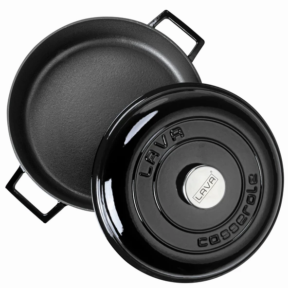 Lava Döküm Çok Amaçlı Yayvan Tencere. Kubbe Form Kapaklı Folk Serisi Çap(Ø)28cm.  Siyah - Resim 3