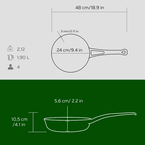 Lava Döküm Yuvarlak Kızartma Tavası Döküm Demir Yekpare Saplı Çap(Ø)24cm.  Yeşil - Resim 5