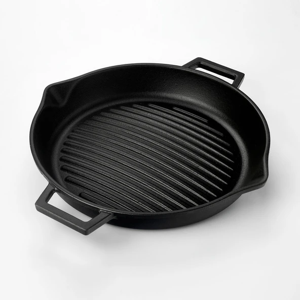 Lava Döküm Yuvarlak Izgara Tavası Döküm Demir Yekpare Çift Kulplu Konkav Taban 15mm. Çap(Ø)30cm. - 2