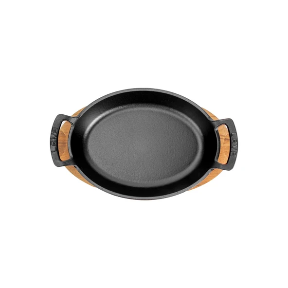 Lava Döküm Oval Sahan Döküm Demir Yekpare Çift Kulplu Kayın Servis Ahşabı Ölçü 19x14cm.  Kırmızı - 2