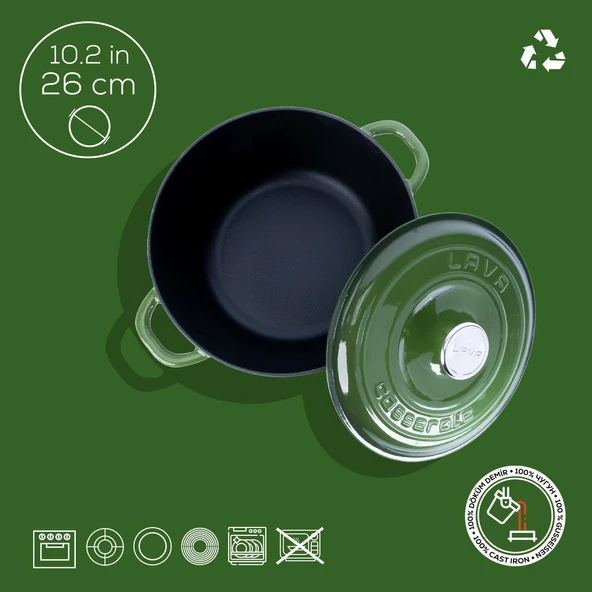 Lava Döküm Yuvarlak Tencere Döküm Demir Kapak New Heritage Serisi Çap(Ø)26cm.  Yeşil - Resim 4