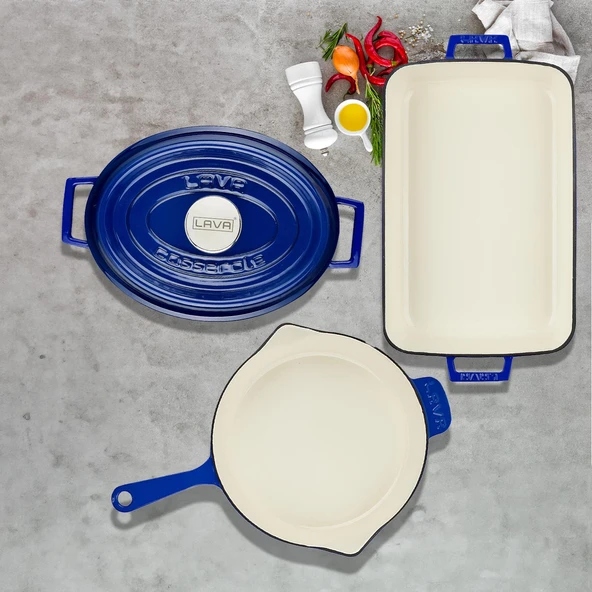 Lava Döküm 3X Edition Serisi Özel Koleksiyon Döküm Demir Tencere & Tava Seti  Mavi - Resim 8