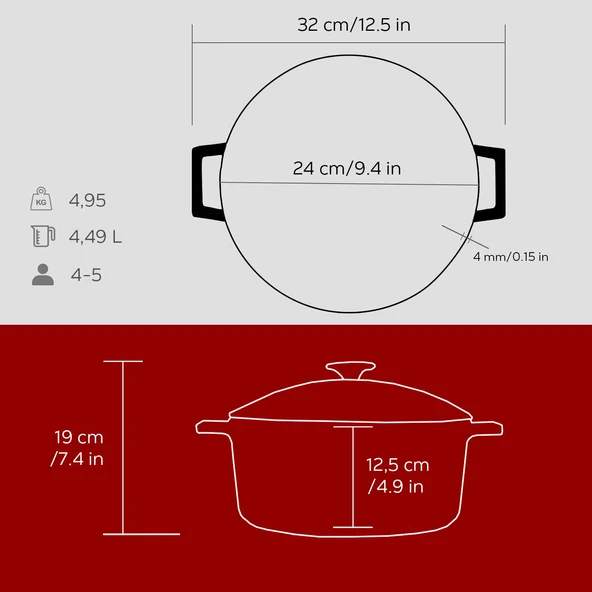 Lava Döküm Yuvarlak Tencere Cam kapaklı. Glaze Çap(Ø)24cm.  Kırmızı - 5