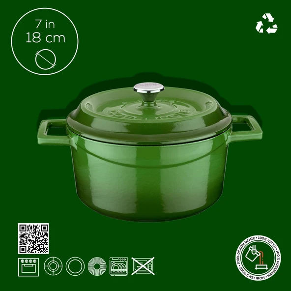 Lava Döküm Yuvarlak Tencere. Trendy Çap(Ø) 18cm.  Yeşil - Resim 3