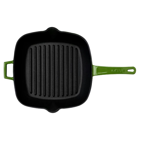 Lava Döküm Kare Izgara Tava Cam Kapaklı Döküm Demir Yekpare Saplı Ölçü 28x28cm.  Yeşil - Resim 3