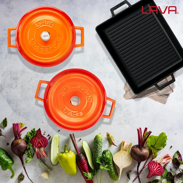 Lava Döküm 6X Trendy Serisi Döküm Demir Tencere Tava Çeyiz Seti  Turuncu - 8