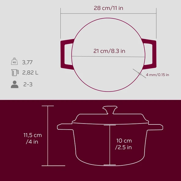 Lava Döküm Yuvarlak Tencere Döküm Demir Yekpare Kulplu Premium Serisi Çap(Ø)20cm.  Mor - Resim 5