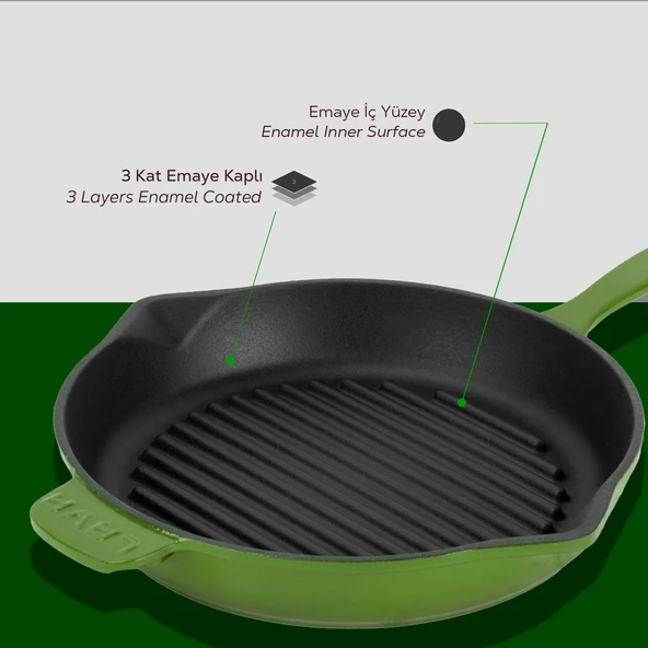 Lava Döküm Yuvarlak Izgara Tava Döküm Demir Yekpare Saplı Çap(Ø)28cm.  Yeşil - Resim 6