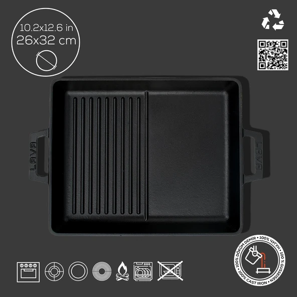 Lava Döküm Dikdörtgen Hibrit Izgara Tavası Döküm Demir Yekpare Çift Kulplu Ölçü 26x32cm. - Resim 4