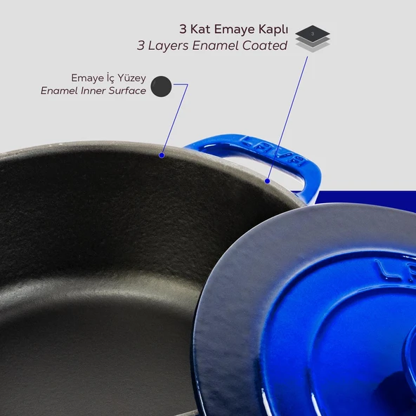Lava Döküm Yuvarlak Tencere Döküm Demir Kapak Experience Serisi Çap(Ø)28cm  Mavi - Resim 6