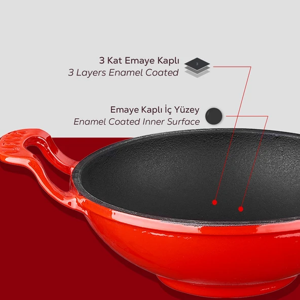 Lava Döküm Mini Wok Yekpare Kulplu Çap(Ø)16cm. Kırmızı - 5
