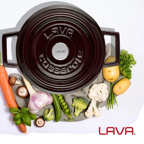 Lava Döküm Yuvarlak Tencere Döküm Demir Yekpare Kulplu Premium Serisi Çap(Ø)20cm.  Mor - Resim 7