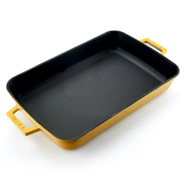 Lava Döküm Dikdörtgen Rosto ve Fırın Tepsisi Döküm Demir Yekpare Çift Kulplu Spring Serisi Ölçü 26x40cm. Sarı - 2