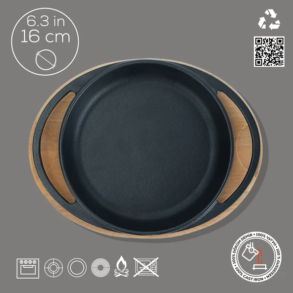 Lava Döküm Yuvarlak Sahan Döküm Demir Yekpare Çift Kulplu Kayın Servis Ahşabı Çap(Ø)16cm. - Resim 4