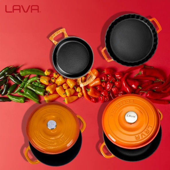 Lava Döküm 4X New Heritage Serisi Döküm Demir Tencere Tava Seti  Turuncu - Resim 6