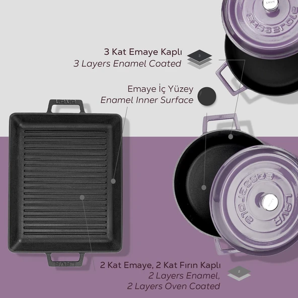 Lava Döküm 6X Trendy Serisi Döküm Demir Tencere Tava Çeyiz Seti  Mor - Resim 7