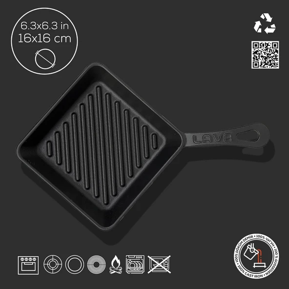Lava Döküm Mini Kare Izgara Tava Döküm Demir Yekpare Saplı Ölçü 16x16cm. - Resim 4