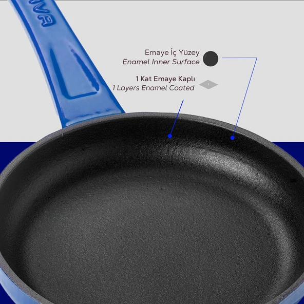 Lava Döküm Yuvarlak Kızartma Tavası Döküm Demir Yekpare Saplı Çap(Ø)16cm.  Mavi - Resim 6