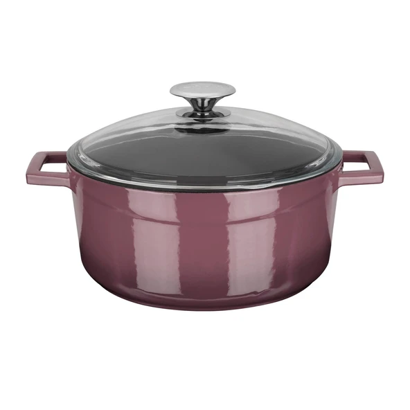 Lava Döküm Yuvarlak Tencere Cam kapaklı. Glaze Çap(Ø)24cm.  Mor ürün görseli 1